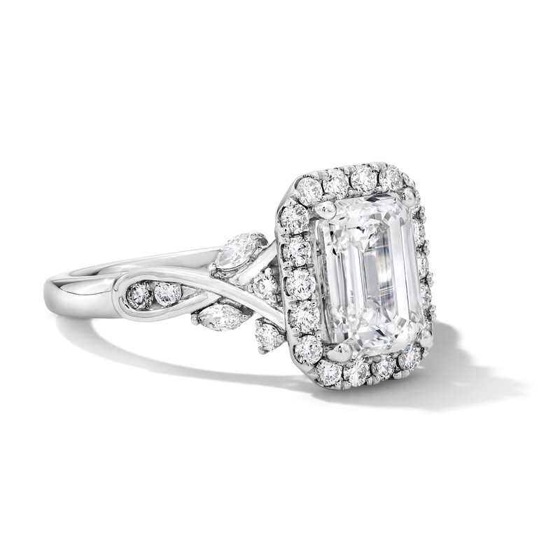 Main Image 4 of 2-1/2 CT. T.W. Emerald-Cut Certified Lab-Grown Diamond Frame Engagement Ring in 14K White Gold (F/VS2)