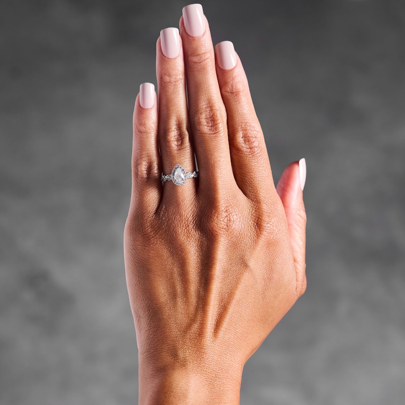 Main Image 2 of 1 CT. T.W. Pear-Shaped Certified Lab-Grown Diamond Frame Engagement Ring in 14K White Gold (F/VS2)