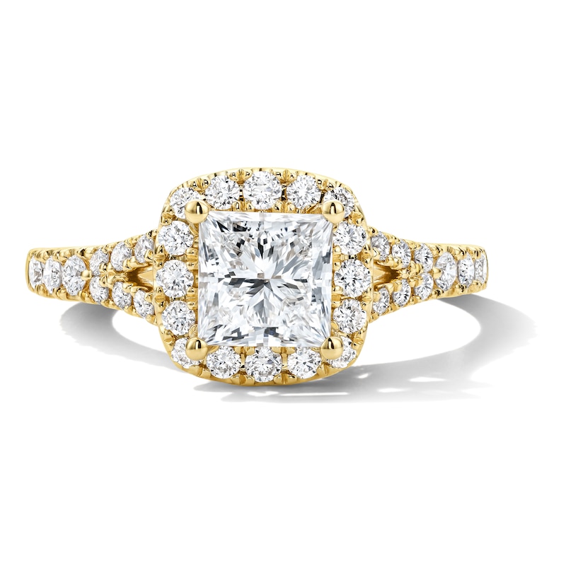 Main Image 1 of 1-1/2 CT. T.W. Princess-Cut Certified Lab-Grown Diamond Frame Engagement Ring in 14K Gold (F/VS2)