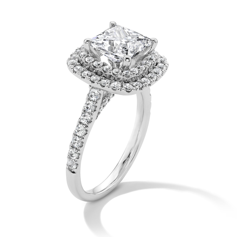 Main Image 4 of 3 CT. T.W. Princess-Cut Certified Lab-Grown Diamond Double Cushion Frame Engagement Ring in 14K White Gold (F/VS2)