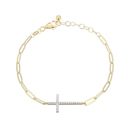 1/5 CT. T.W. Diamond Cross Paper Clip Chain Bracelet in Sterling Silver with 18K Gold Plate - 8"