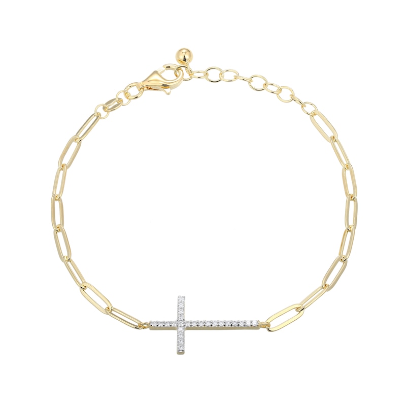 Main Image 1 of 1/5 CT. T.W. Diamond Cross Paper Clip Chain Bracelet in Sterling Silver with 18K Gold Plate - 8"