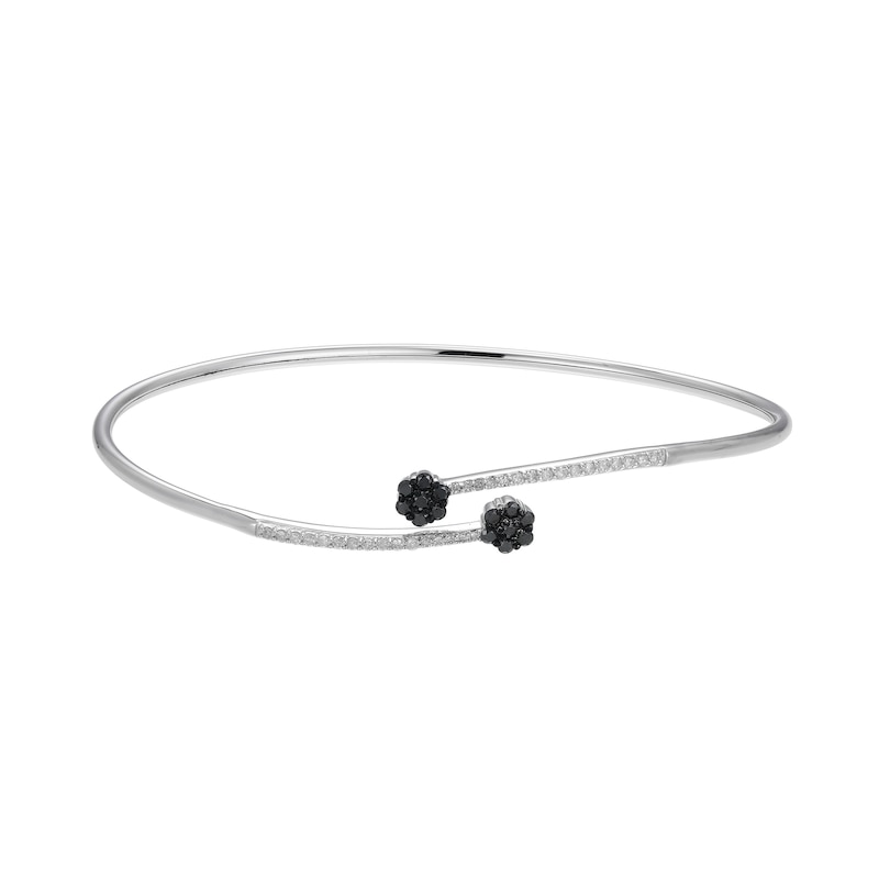 Main Image 1 of 1/2 CT. T.W. Black and White Diamond Flower Bypass Bangle Bracelet in Sterling Silver