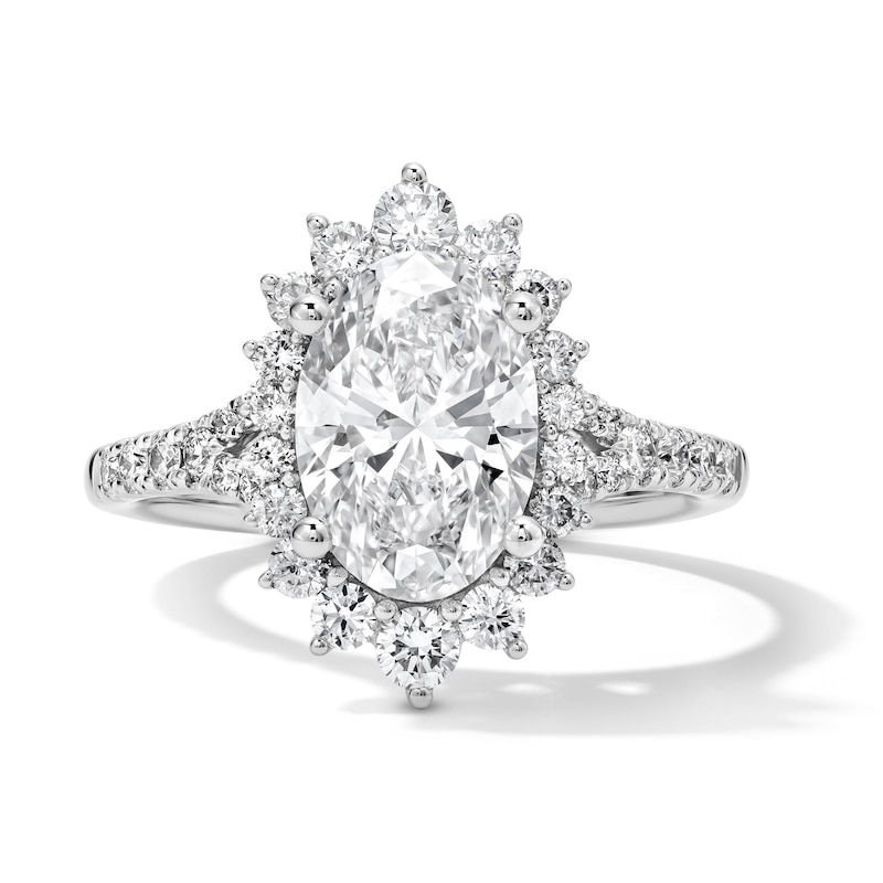Main Image 1 of 2-5/8 CT. T.W. Oval Certified Lab-Grown Diamond Starburst Frame Engagement Ring in 14K White Gold (F/VS2)