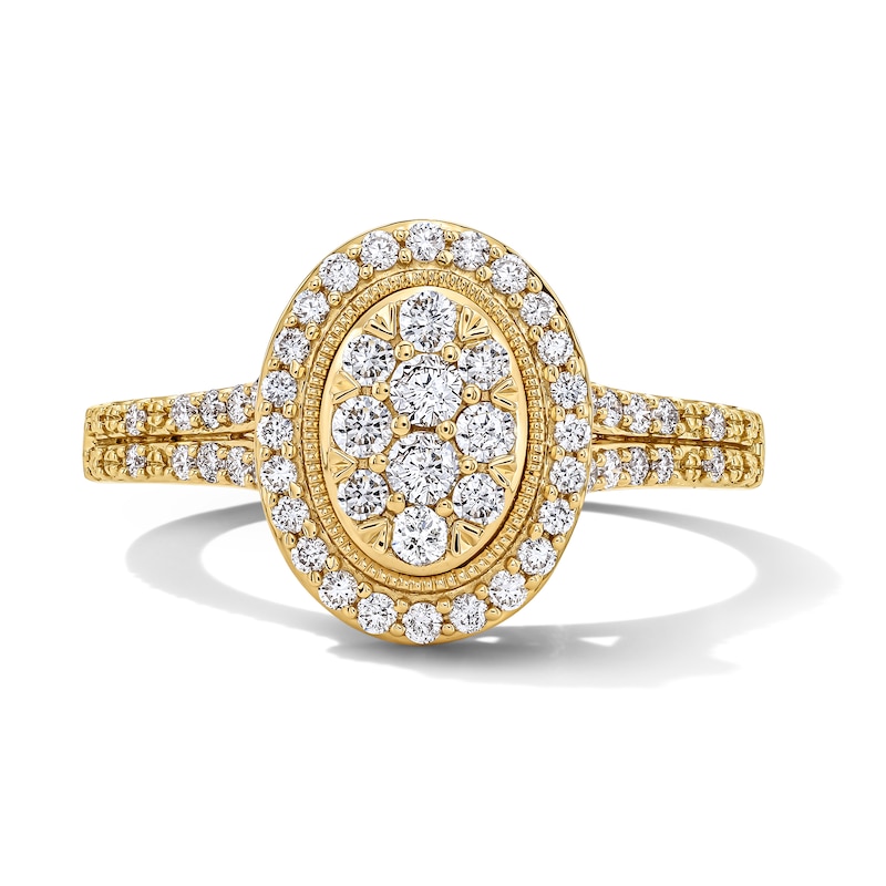 Main Image 1 of 1/2 CT. T.W. Multi-Diamond Oval Frame Split Shank Engagement Ring in 10K Gold