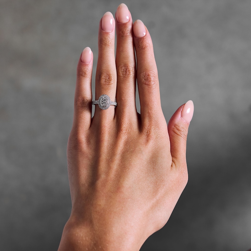 Main Image 2 of 1/2 CT. T.W. Multi-Diamond Oval Frame Split Shank Engagement Ring in 10K White Gold