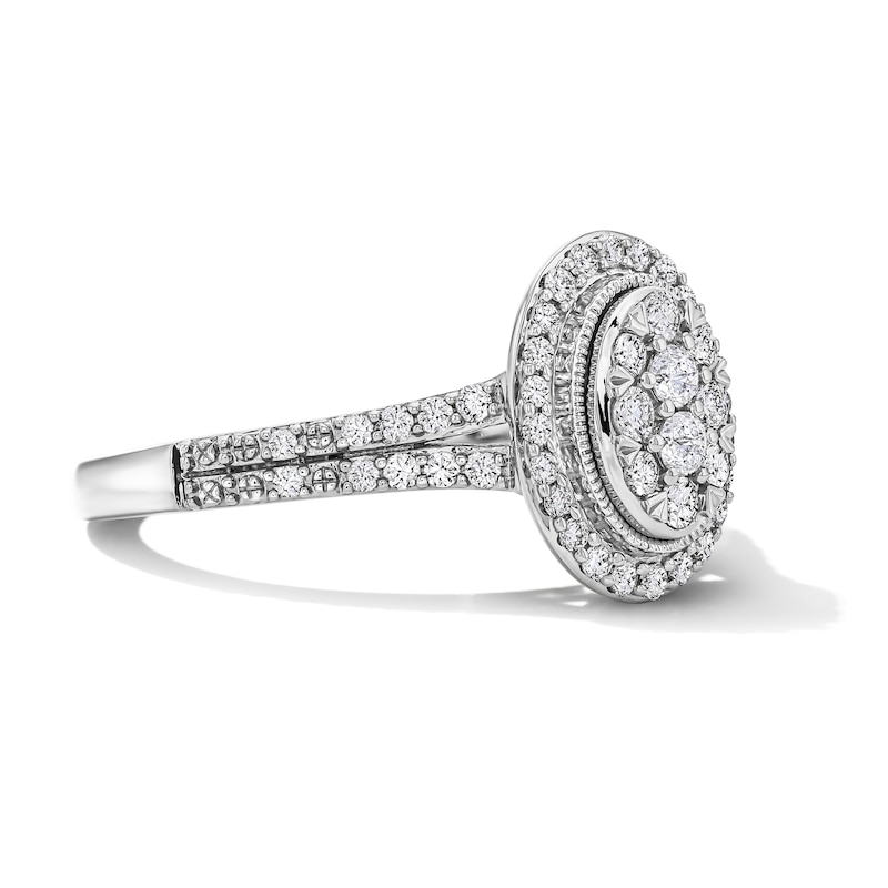 Main Image 4 of 1/2 CT. T.W. Multi-Diamond Oval Frame Split Shank Engagement Ring in 10K White Gold
