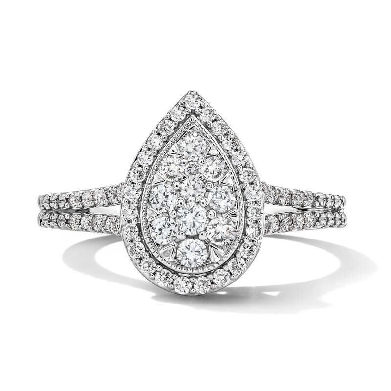 Main Image 1 of 1/2 CT. T.W. Pear-Shaped Multi-Diamond Frame Split Shank Engagement Ring in 10K White Gold