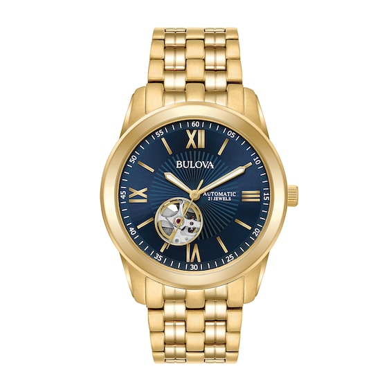 Men’s Bulova Classic Gold-Tone IP Automatic Chronograph Watch with Blue Dial (Model: 97A131)