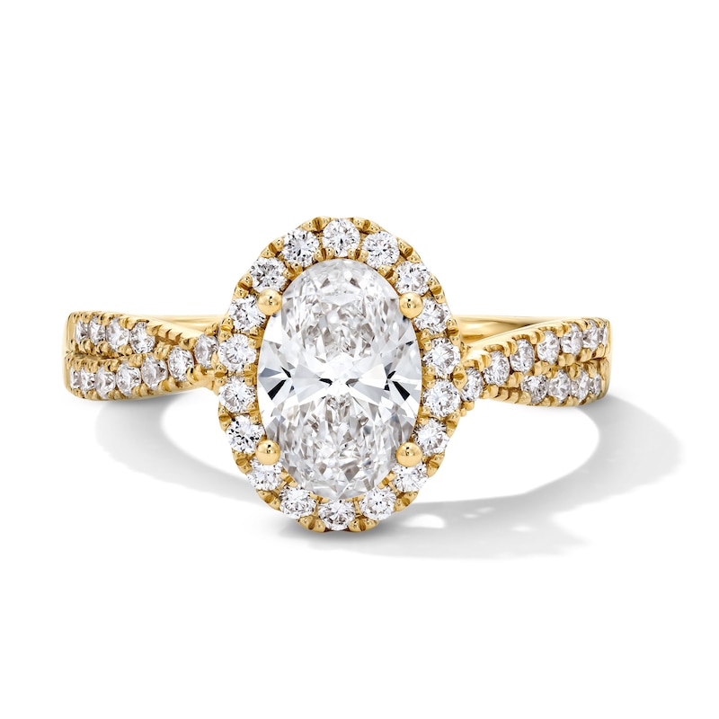 Main Image 1 of 1-3/8 CT. T.W. Certified Oval Lab-Grown Diamond Frame Bridal Set in 14K Yellow Gold (F/VS2)