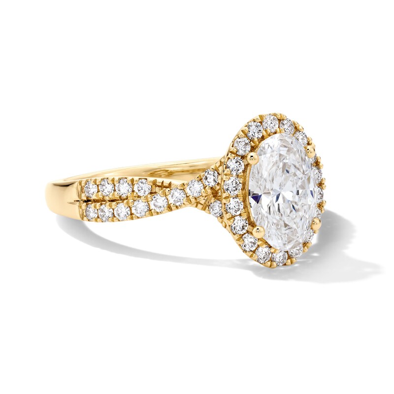 Main Image 4 of 1-3/8 CT. T.W. Certified Oval Lab-Grown Diamond Frame Bridal Set in 14K Yellow Gold (F/VS2)
