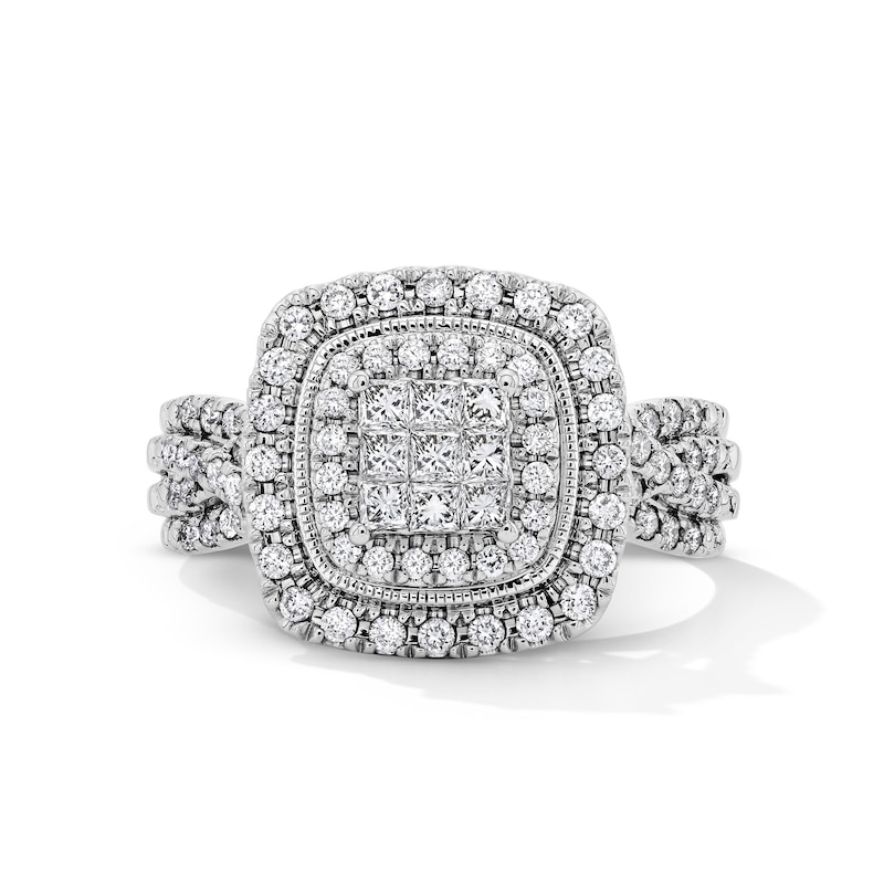 Main Image 1 of 3/4 CT. T.W. Princess-Cut Multi-Diamond Double Cushion Frame Multi-Row Engagement Ring in 10K White Gold