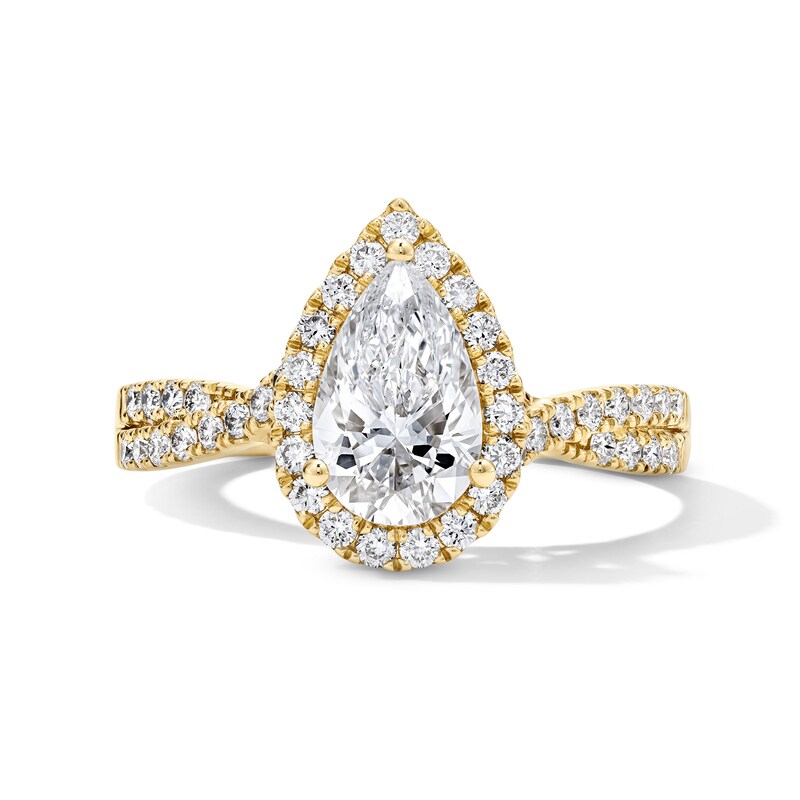 Main Image 1 of 1-3/8 CT. T.W. Oval-Cut Certified Lab-Grown Diamond Halo Ring in 14K Yellow Gold (F/VS2)