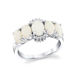 Oval Opal and 1/20 CT. T.W. Diamond Five-Stone Fashion Ring in Sterling Silver
