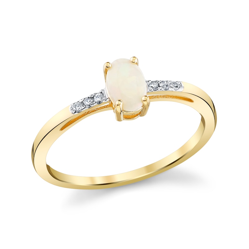Main Image 1 of Oval Opal and 1/20 CT. T.W. Diamond Slender Shank Fashion Ring in 14K Gold