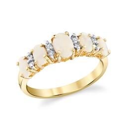 Oval Opal and 1/8 CT. T.W. Diamond Five-Stone Fashion Ring in 14K Yellow Gold