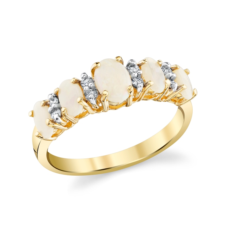 Main Image 1 of Oval Opal and 1/8 CT. T.W. Diamond Five-Stone Fashion Ring in 14K Yellow Gold