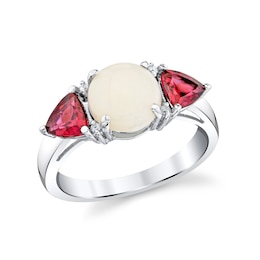 Opal, Trillion-Cut Rhodolite Garnet, and Diamond-Accent Ring in 14K White Gold