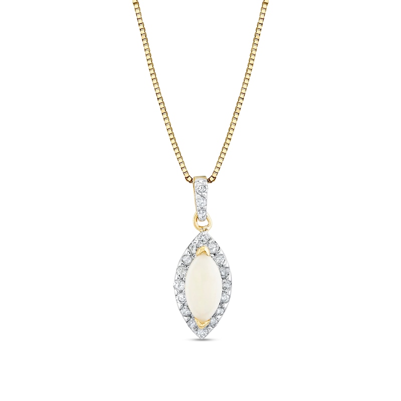 Main Image 1 of Marquise-Cut Opal and 1/5 CT. T.W. Diamond Frame Pendant in 14K Gold