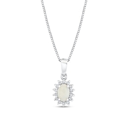 Oval Opal and 1/8 CT. T.W. Diamond Sunburst Frame Pendant in 10K White Gold