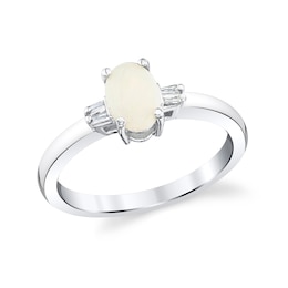 Oval Opal and 1/20 CT. T.W. Baguette-Cut Diamond Fashion Ring in 10K White Gold