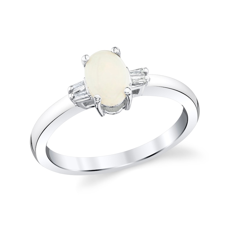 Main Image 1 of Oval Opal and 1/20 CT. T.W. Baguette-Cut Diamond Fashion Ring in 10K White Gold