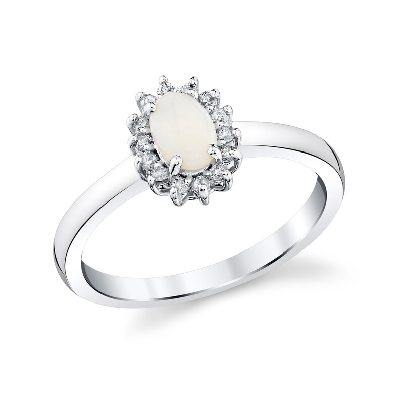 Main Image 1 of Oval Opal and 1/8 CT. T.W. Diamond Sunburst Ring in 10K White Gold