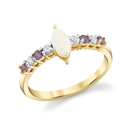 Marquise-Cut Opal, Blue Iolite and 1/8 CT. T.W. Diamond Fashion Ring in 10K Gold