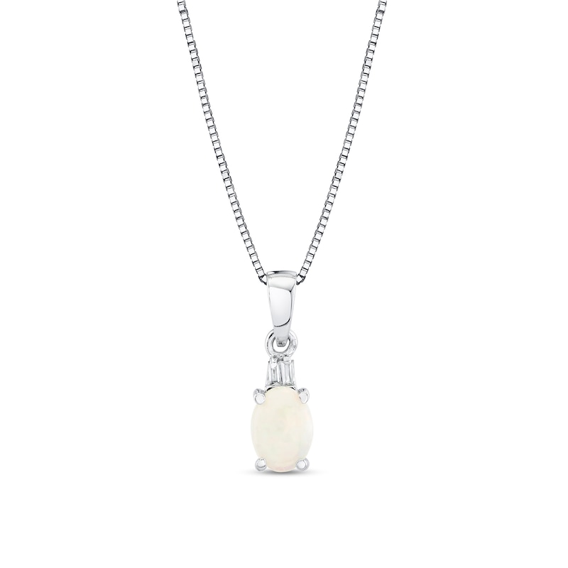 Main Image 1 of Oval Opal and Baguette-Cut Diamond-Accent Pendant in 10K White Gold