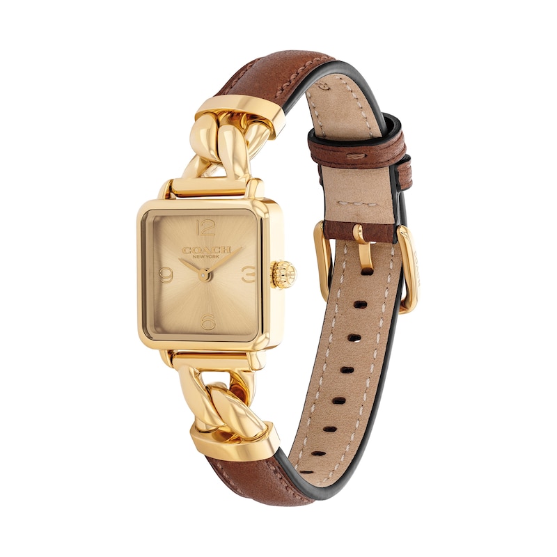 Main Image 2 of Ladies' Coach Cass Gold-Tone IP Square Watch with Gold-Tone Dial and Brown Leather Strap (Model: 14504555)