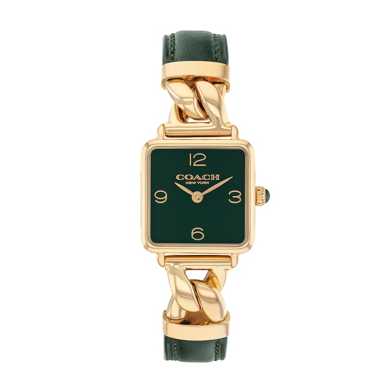 Main Image 1 of Ladies' Coach Cass Gold-Tone IP Square Watch with Green Dial and Green Leather Strap (Model: 14504557)