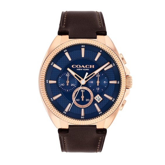 Men's Coach Jackson Chronograph Rose-Tone IP Watch with Navy Blue Dial and Brown Leather Strap (Model: 14602745)