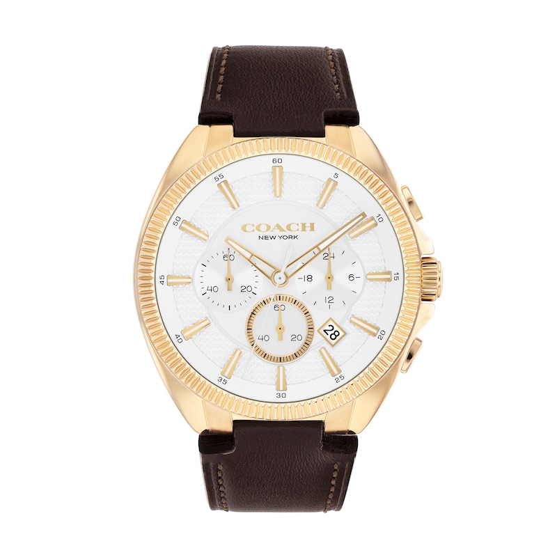 Main Image 1 of Men's Coach Jackson Chronograph Gold-Tone IP Watch with White Dial and Brown Leather Strap (Model: 14602746)