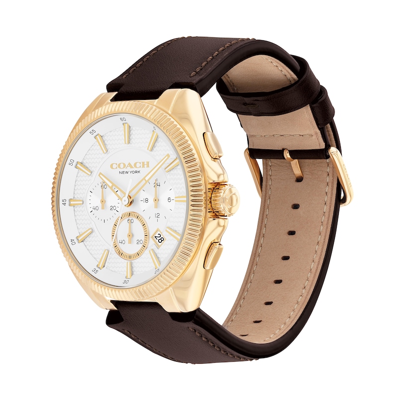 Main Image 2 of Men's Coach Jackson Chronograph Gold-Tone IP Watch with White Dial and Brown Leather Strap (Model: 14602746)