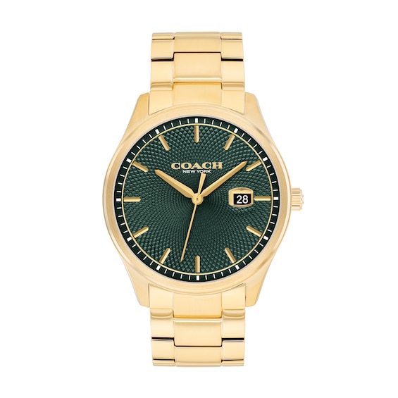 Men's Coach Oliver Gold-Tone IP Watch with Green Textured Dial (Model: 14602753)