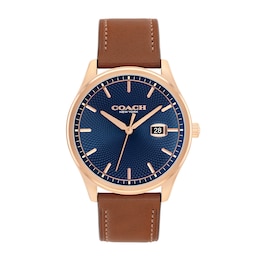 Men's Coach Oliver Rose-Tone IP Watch with Navy Textured Dial and Brown Leather Strap (Model: 14602755)