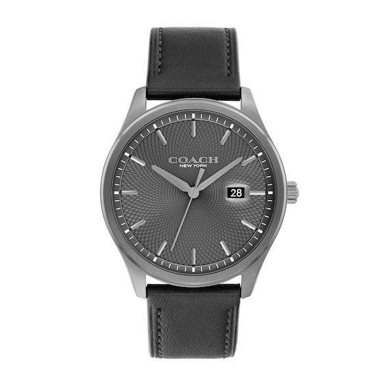 Men's Coach Oliver Gray IP Watch with Gray Textured Dial and Black Leather Strap (Model: 14602758)