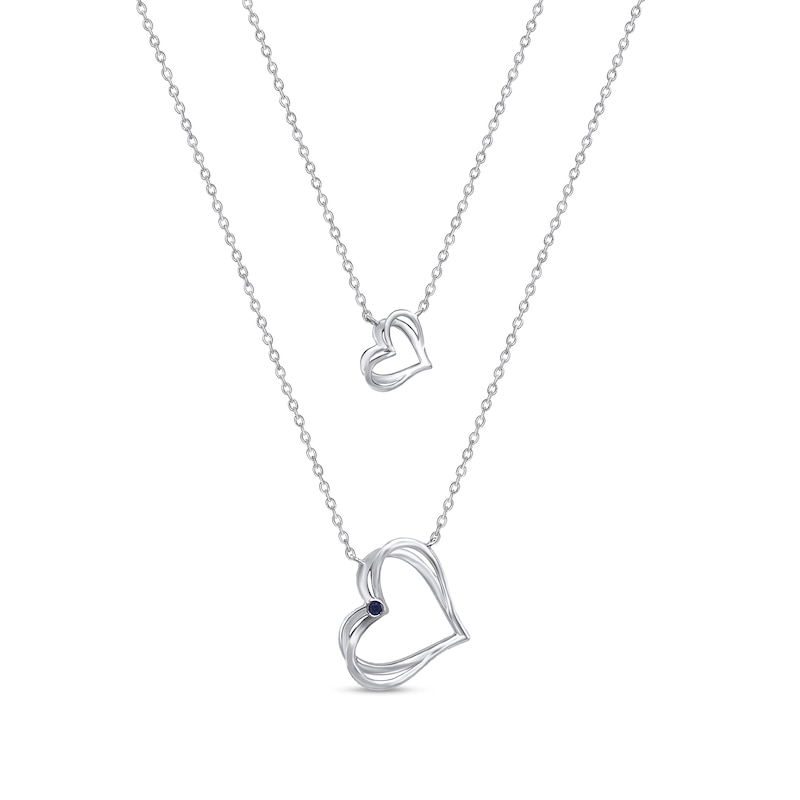 Main Image 3 of 1/5 CT. T.W. Diamond and Blue Sapphire Double-Heart Layered Necklace in 10K White Gold