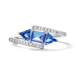 Octagon- and Triangle-Cut Blue Lab-Created Sapphire and White Lab-Created Sapphire Bypass Ring in Sterling Silver