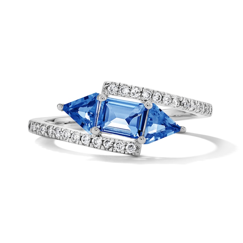 Main Image 1 of Octagon- and Triangle-Cut Blue Lab-Created Sapphire and White Lab-Created Sapphire Bypass Ring in Sterling Silver