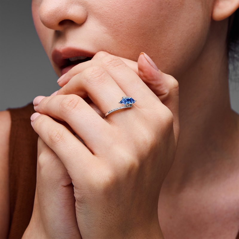 Main Image 2 of Octagon- and Triangle-Cut Blue Lab-Created Sapphire and White Lab-Created Sapphire Bypass Ring in Sterling Silver