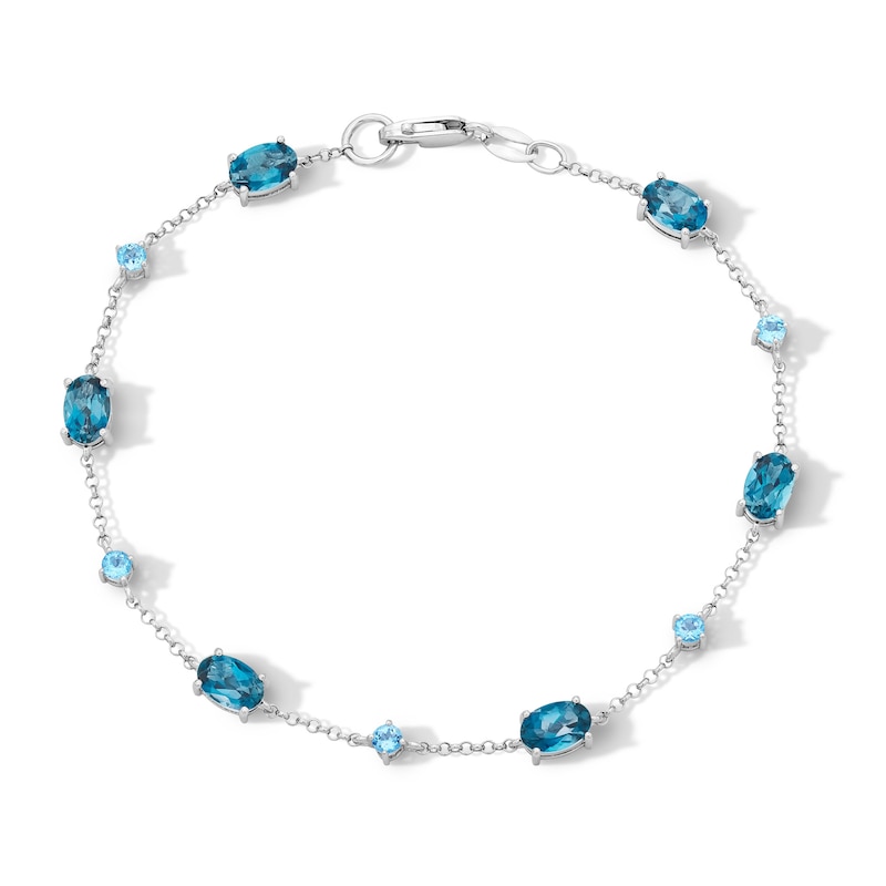 Main Image 1 of Oval London Blue Topaz and Swiss Blue Topaz Station Bracelet in Sterling Silver - 7.25"