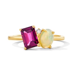 Emerald-Cut Garnet, Oval Opal and Diamond-Accent Toi et Moi Ring in Sterling Silver with 14K Gold Plate
