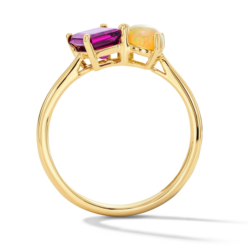 Main Image 3 of Emerald-Cut Garnet, Oval Opal and Diamond-Accent Toi et Moi Ring in Sterling Silver with 14K Gold Plate