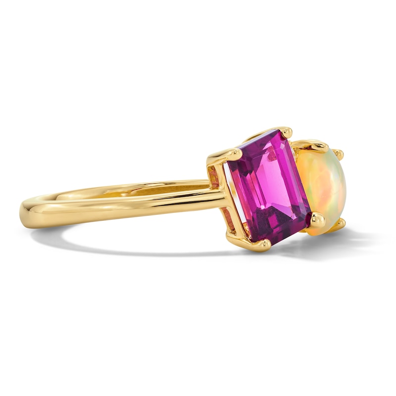 Main Image 4 of Emerald-Cut Garnet, Oval Opal and Diamond-Accent Toi et Moi Ring in Sterling Silver with 14K Gold Plate