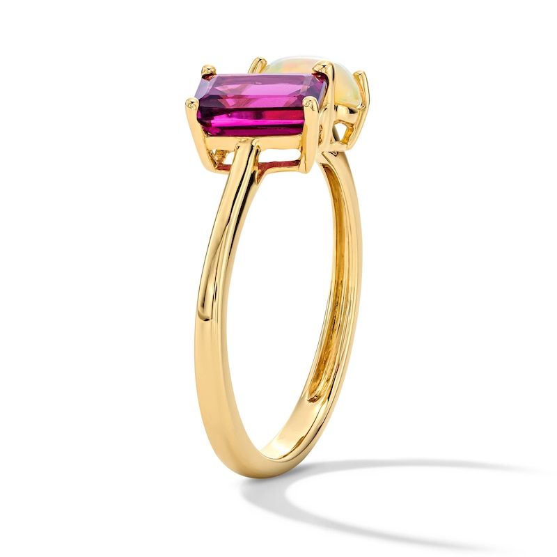 Main Image 5 of Emerald-Cut Garnet, Oval Opal and Diamond-Accent Toi et Moi Ring in Sterling Silver with 14K Gold Plate