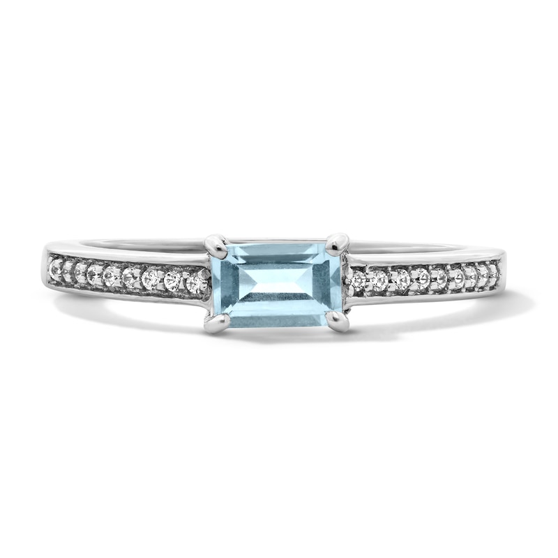 Main Image 1 of Octagon-Cut Aquamarine and White Lab-Created Sapphire Stackable Ring in Sterling Silver