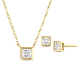 Princess -Cut White Lab-Created Sapphire Solitaire Necklace and Stud Earrings Set in Sterling Silver with 14K Gold Plate