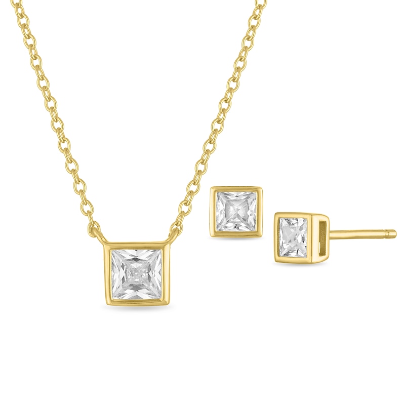 Main Image 1 of Princess -Cut White Lab-Created Sapphire Solitaire Necklace and Stud Earrings Set in Sterling Silver with 14K Gold Plate