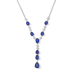 Oval and Pear-Shaped Blue Lab-Created Sapphire and White Lab-Created Sapphire “Y” Necklace in Sterling Silver - 17"